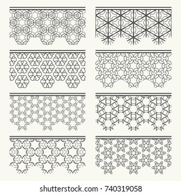 Set of black seamless borders, line patterns. Tribal ethnic arabic, indian decorative ornaments, fashion lace collection. Isolated design elements for headline, banners, wedding invitation cards