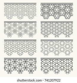 Set of black seamless borders, line patterns. Tribal ethnic arabic, indian decorative ornaments, fashion lace collection. Isolated design elements for headline, banners, wedding invitation cards
