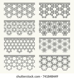 Set of black seamless borders, line patterns. Tribal ethnic arabic, indian decorative ornaments, fashion lace collection. Isolated design elements for headline, banners, wedding invitation cards
