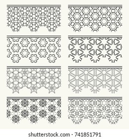 Set of black seamless borders, line patterns. Tribal ethnic arabic, indian decorative ornaments, fashion lace collection. Isolated design elements for headline, banners, wedding invitation cards