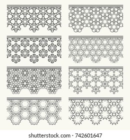 Set of black seamless borders, line patterns. Tribal ethnic arabic, indian decorative ornaments, fashion lace collection. Isolated design elements for headline, banners, wedding invitation cards