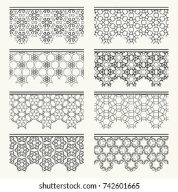Set of black seamless borders, line patterns. Tribal ethnic arabic, indian decorative ornaments, fashion lace collection. Isolated design elements for headline, banners, wedding invitation cards
