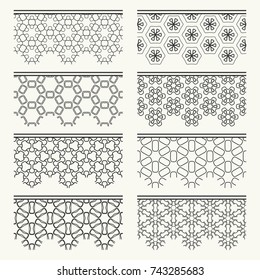 Set of black seamless borders, line patterns. Tribal ethnic arabic, indian decorative ornaments, fashion lace collection. Isolated design elements for headline, banners, wedding invitation cards