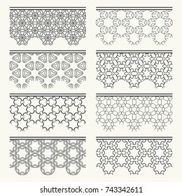 Set of black seamless borders, line patterns. Tribal ethnic arabic, indian decorative ornaments, fashion lace collection. Isolated design elements for headline, banners, wedding invitation cards