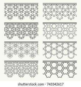 Set of black seamless borders, line patterns. Tribal ethnic arabic, indian decorative ornaments, fashion lace collection. Isolated design elements for headline, banners, wedding invitation cards