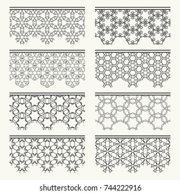Set of black seamless borders, line patterns. Tribal ethnic arabic, indian decorative ornaments, fashion lace collection. Isolated design elements for headline, banners, wedding invitation cards