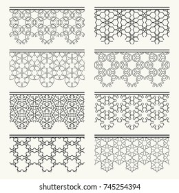 Set of black seamless borders, line patterns. Tribal ethnic arabic, indian decorative ornaments, fashion lace collection. Isolated design elements for headline, banners, wedding invitation cards