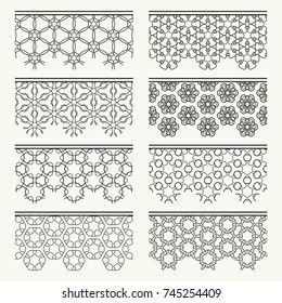 Set of black seamless borders, line patterns. Tribal ethnic arabic, indian decorative ornaments, fashion lace collection. Isolated design elements for headline, banners, wedding invitation cards