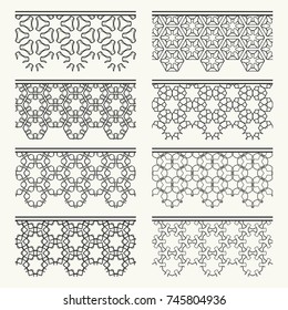 Set of black seamless borders, line patterns. Tribal ethnic arabic, indian decorative ornaments, fashion lace collection. Isolated design elements for headline, banners, wedding invitation cards
