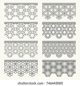 Set of black seamless borders, line patterns. Tribal ethnic arabic, indian decorative ornaments, fashion lace collection. Isolated design elements for headline, banners, wedding invitation cards