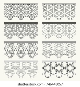 Set of black seamless borders, line patterns. Tribal ethnic arabic, indian decorative ornaments, fashion lace collection. Isolated design elements for headline, banners, wedding invitation cards