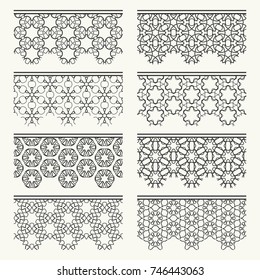 Set of black seamless borders, line patterns. Tribal ethnic arabic, indian decorative ornaments, fashion lace collection. Isolated design elements for headline, banners, wedding invitation cards