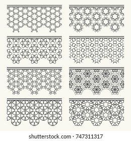 Set of black seamless borders, line patterns. Tribal ethnic arabic, indian decorative ornaments, fashion lace collection. Isolated design elements for headline, banners, wedding invitation cards