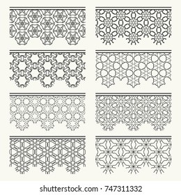 Set of black seamless borders, line patterns. Tribal ethnic arabic, indian decorative ornaments, fashion lace collection. Isolated design elements for headline, banners, wedding invitation cards