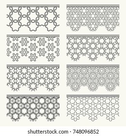 Set of black seamless borders, line patterns. Tribal ethnic arabic, indian decorative ornaments, fashion lace collection. Isolated design elements for headline, banners, wedding invitation cards