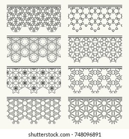 Set of black seamless borders, line patterns. Tribal ethnic arabic, indian decorative ornaments, fashion lace collection. Isolated design elements for headline, banners, wedding invitation cards