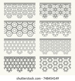 Set of black seamless borders, line patterns. Tribal ethnic arabic, indian decorative ornaments, fashion lace collection. Isolated design elements for headline, banners, wedding invitation cards