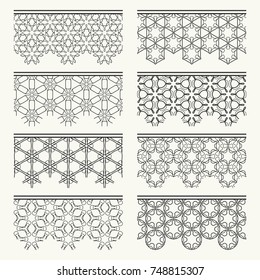 Set of black seamless borders, line patterns. Tribal ethnic arabic, indian decorative ornaments, fashion lace collection. Isolated design elements for headline, banners, wedding invitation cards