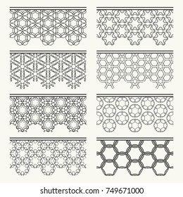 Set of black seamless borders, line patterns. Tribal ethnic arabic, indian decorative ornaments, fashion lace collection. Isolated design elements for headline, banners, wedding invitation cards