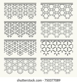 Set of black seamless borders, line patterns. Tribal ethnic arabic, indian decorative ornaments, fashion lace collection. Isolated design elements for headline, banners, wedding invitation cards