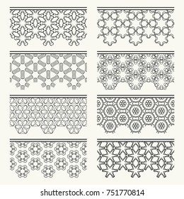 Set of black seamless borders, line patterns. Tribal ethnic arabic, indian decorative ornaments, fashion lace collection. Isolated design elements for headline, banners, wedding invitation cards