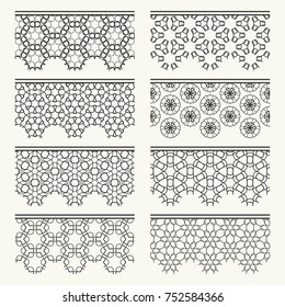 Set of black seamless borders, line patterns. Tribal ethnic arabic, indian decorative ornaments, fashion lace collection. Isolated design elements for headline, banners, wedding invitation cards