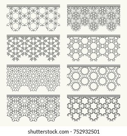 Set of black seamless borders, line patterns. Tribal ethnic arabic, indian decorative ornaments, fashion lace collection. Isolated design elements for headline, banners, wedding invitation cards