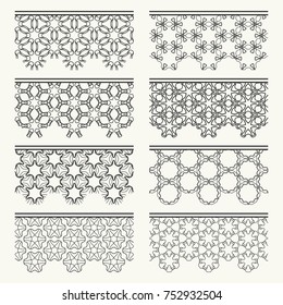 Set of black seamless borders, line patterns. Tribal ethnic arabic, indian decorative ornaments, fashion lace collection. Isolated design elements for headline, banners, wedding invitation cards