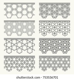 Set of black seamless borders, line patterns. Tribal ethnic arabic, indian decorative ornaments, fashion lace collection. Isolated design elements for headline, banners, wedding invitation cards