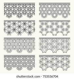 Set of black seamless borders, line patterns. Tribal ethnic arabic, indian decorative ornaments, fashion lace collection. Isolated design elements for headline, banners, wedding invitation cards
