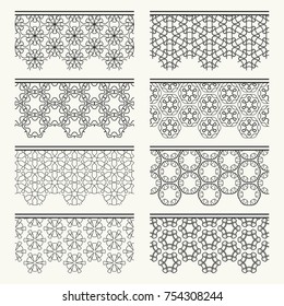 Set of black seamless borders, line patterns. Tribal ethnic arabic, indian decorative ornaments, fashion lace collection. Isolated design elements for headline, banners, wedding invitation cards