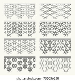 Set of black seamless borders, line patterns. Tribal ethnic arabic, indian decorative ornaments, fashion lace collection. Isolated design elements for headline, banners, wedding invitation cards