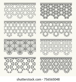 Set of black seamless borders, line patterns. Tribal ethnic arabic, indian decorative ornaments, fashion lace collection. Isolated design elements for headline, banners, wedding invitation cards