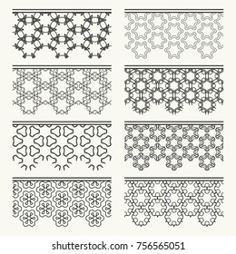 Set of black seamless borders, line patterns. Tribal ethnic arabic, indian decorative ornaments, fashion lace collection. Isolated design elements for headline, banners, wedding invitation cards