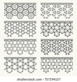 Set of black seamless borders, line patterns. Tribal ethnic arabic, indian decorative ornaments, fashion lace collection. Isolated design elements for headline, banners, wedding invitation cards