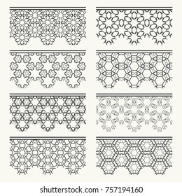 Set of black seamless borders, line patterns. Tribal ethnic arabic, indian decorative ornaments, fashion lace collection. Isolated design elements for headline, banners, wedding invitation cards