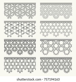 Set of black seamless borders, line patterns. Tribal ethnic arabic, indian decorative ornaments, fashion lace collection. Isolated design elements for headline, banners, wedding invitation cards