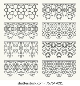 Set of black seamless borders, line patterns. Tribal ethnic arabic, indian decorative ornaments, fashion lace collection. Isolated design elements for headline, banners, wedding invitation cards