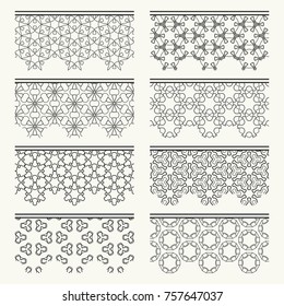 Set of black seamless borders, line patterns. Tribal ethnic arabic, indian decorative ornaments, fashion lace collection. Isolated design elements for headline, banners, wedding invitation cards