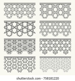 Set of black seamless borders, line patterns. Tribal ethnic arabic, indian decorative ornaments, fashion lace collection. Isolated design elements for headline, banners, wedding invitation cards