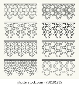 Set of black seamless borders, line patterns. Tribal ethnic arabic, indian decorative ornaments, fashion lace collection. Isolated design elements for headline, banners, wedding invitation cards