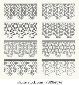 Set of black seamless borders, line patterns. Tribal ethnic arabic, indian decorative ornaments, fashion lace collection. Isolated design elements for headline, banners, wedding invitation cards