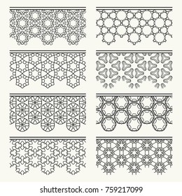 Set of black seamless borders, line patterns. Tribal ethnic arabic, indian decorative ornaments, fashion lace collection. Isolated design elements for headline, banners, wedding invitation cards