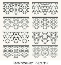 Set of black seamless borders, line patterns. Tribal ethnic arabic, indian decorative ornaments, fashion lace collection. Isolated design elements for headline, banners, wedding invitation cards