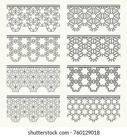 Set of black seamless borders, line patterns. Tribal ethnic arabic, indian decorative ornaments, fashion lace collection. Isolated design elements for headline, banners, wedding invitation cards