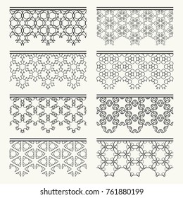 Set of black seamless borders, line patterns. Tribal ethnic arabic, indian decorative ornaments, fashion lace collection. Isolated design elements for headline, banners, wedding invitation cards