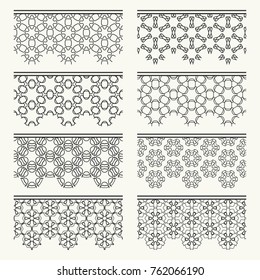 Set of black seamless borders, line patterns. Tribal ethnic arabic, indian decorative ornaments, fashion lace collection. Isolated design elements for headline, banners, wedding invitation cards