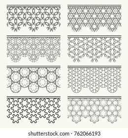 Set of black seamless borders, line patterns. Tribal ethnic arabic, indian decorative ornaments, fashion lace collection. Isolated design elements for headline, banners, wedding invitation cards