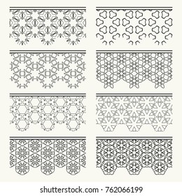 Set of black seamless borders, line patterns. Tribal ethnic arabic, indian decorative ornaments, fashion lace collection. Isolated design elements for headline, banners, wedding invitation cards