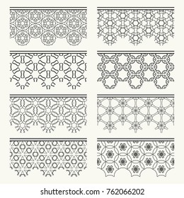 Set of black seamless borders, line patterns. Tribal ethnic arabic, indian decorative ornaments, fashion lace collection. Isolated design elements for headline, banners, wedding invitation cards